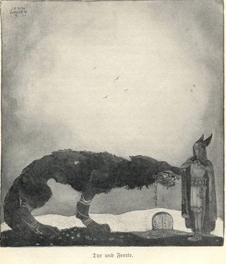 John Bauer’s enormous Fenrir facing Týr